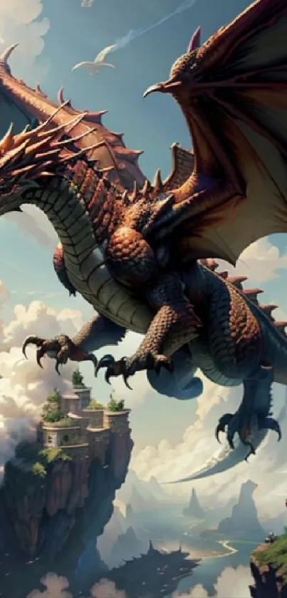 Majestic dragon flying over a fantasy landscape with clouds and mountains.