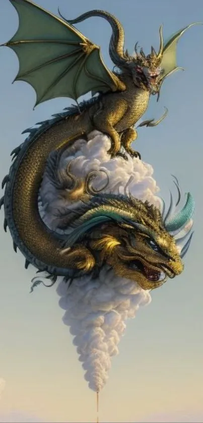 Majestic dragon soaring through clouds, featuring detailed fantasy art.