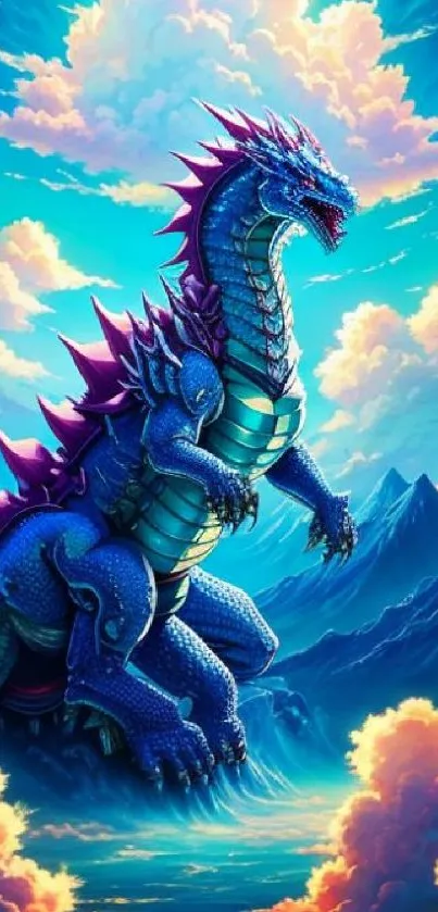 Majestic dragon in a vibrant fantasy sky with mountains and clouds.