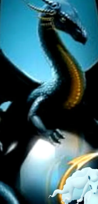 Majestic dark dragon with a shimmering golden chest in fantasy setting.