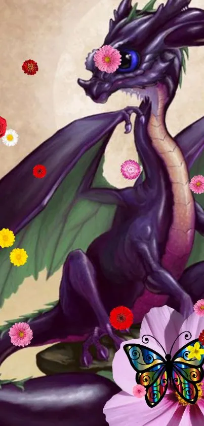 Majestic dragon with butterfly and flowers on a fantasy art wallpaper.