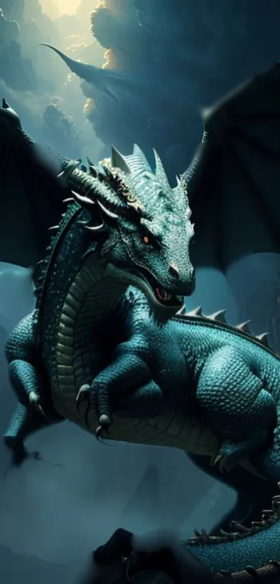Majestic dragon in a dark fantasy world wallpaper.