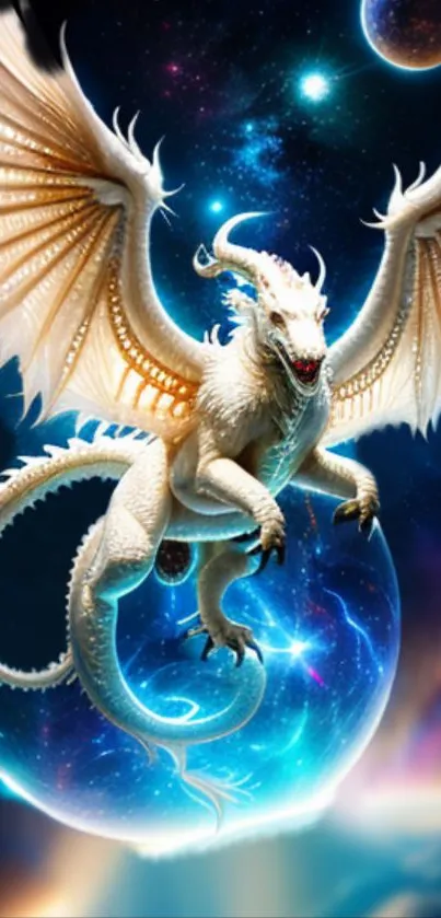 White dragon flying in a colorful cosmic universe with planets.