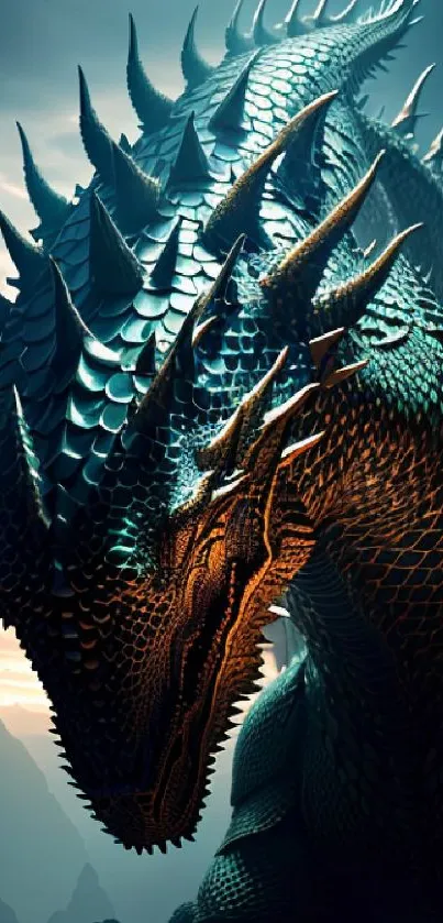 Majestic dragon with teal scales in a fantasy setting.