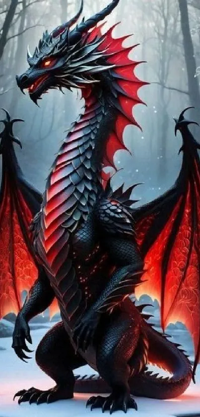 Majestic dragon with fiery red wings in a mystical forest setting.