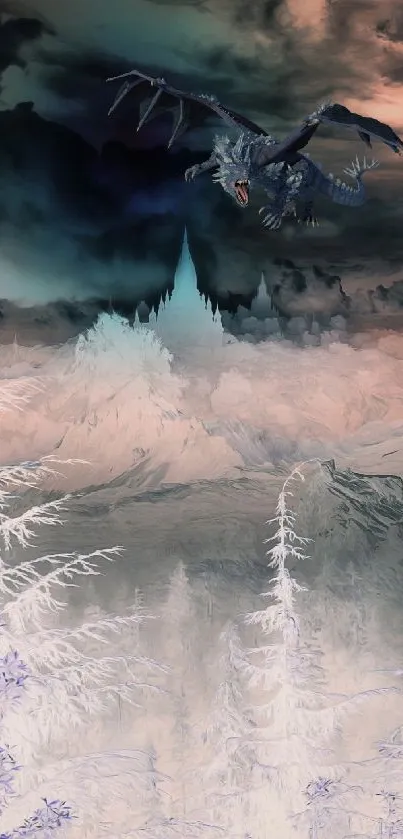 Fantasy wallpaper with a dragon soaring above icy mountains and a castle.