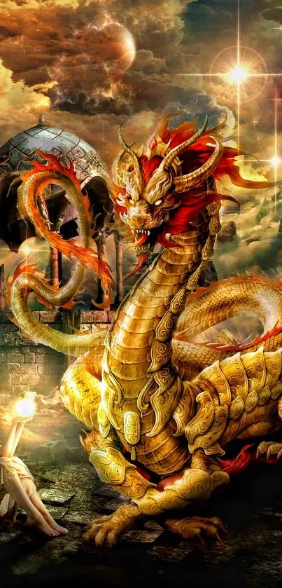 Majestic golden dragon in fantasy landscape with ruins.