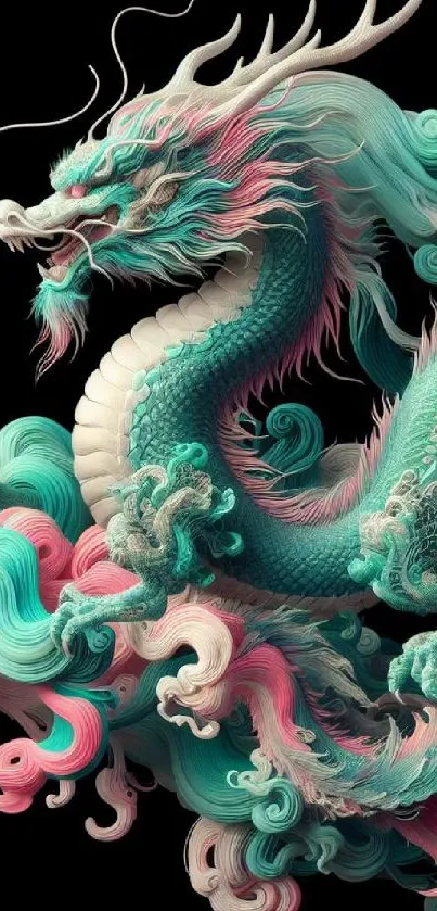 Majestic turquoise and pink dragon on dark background.