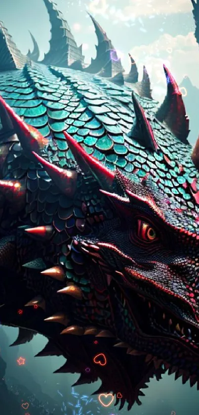 Majestic dragon with teal scales in a fantasy setting, close-up view.