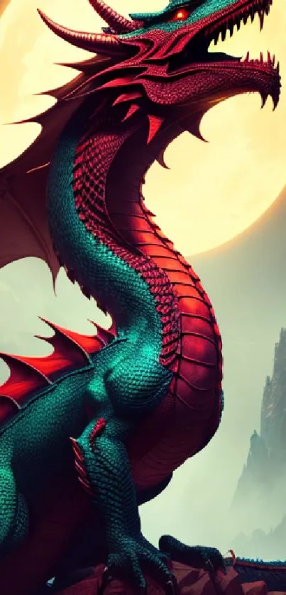 Fantasy dragon against moonlit peaks on wallpaper.