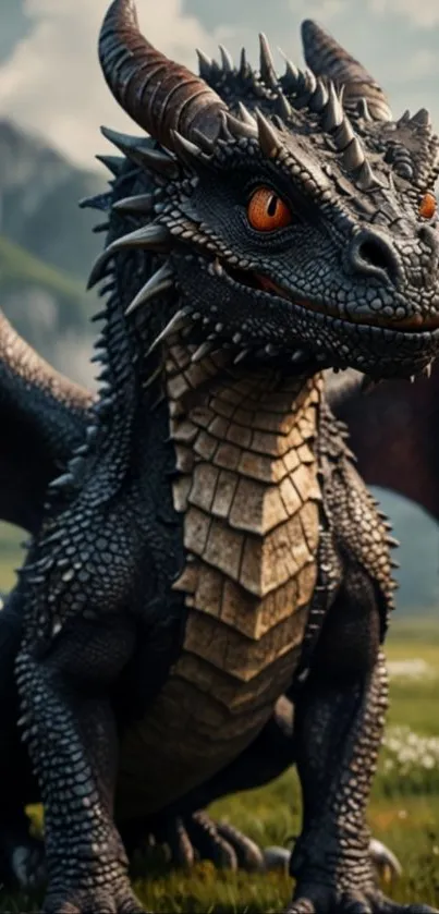 Fantasy dragon with red eyes on a grassy landscape.