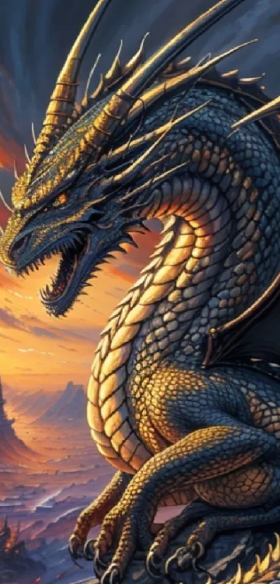 Majestic dragon with sunset in the background, vibrant fantasy artwork.