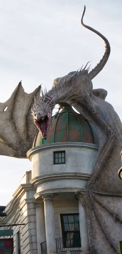 Dragon atop building in narrow alleyway, urban fantasy scene.