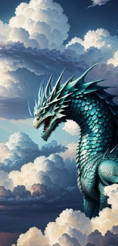 Turquoise dragon amid fantasy clouds wallpaper.