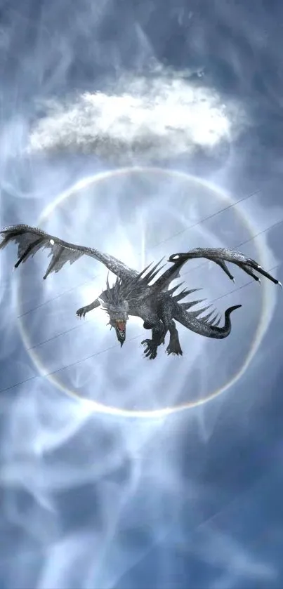 Dragon soaring in a cloudy sky with a mystical aura.