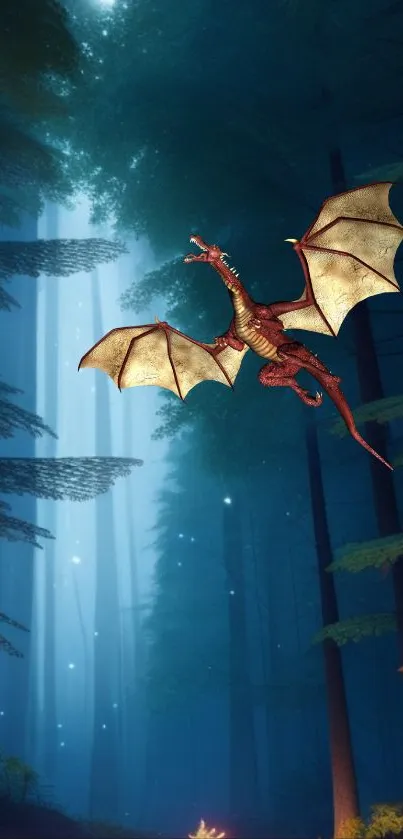 Dragon flying through an enchanted forest with a mystical blue glow.