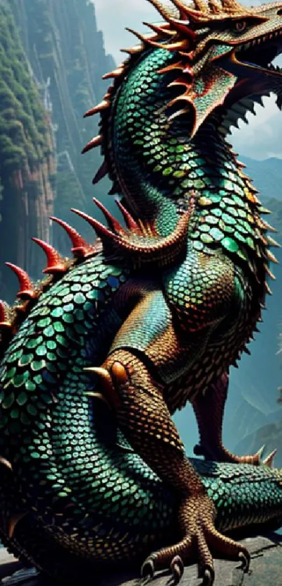 Majestic dragon in a lush, mystical landscape with vibrant emerald scales.