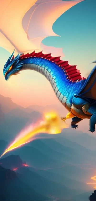 Colorful dragon flying over mountains, breathing fire.