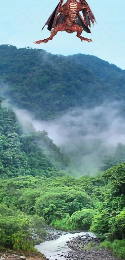 Dragon flying over green forested mountains.