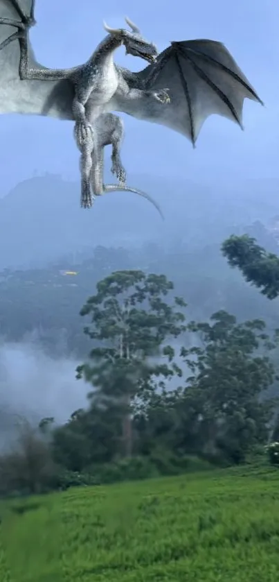 Majestic dragon flying over misty green hills with a blue sky.