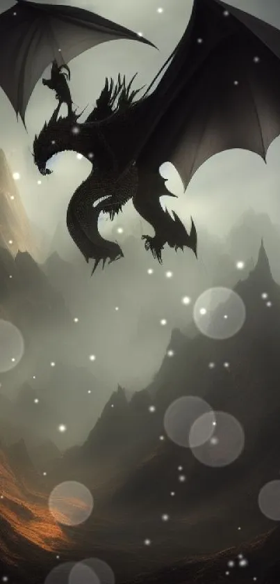 Dragon soaring over misty mountains in a fantasy landscape.
