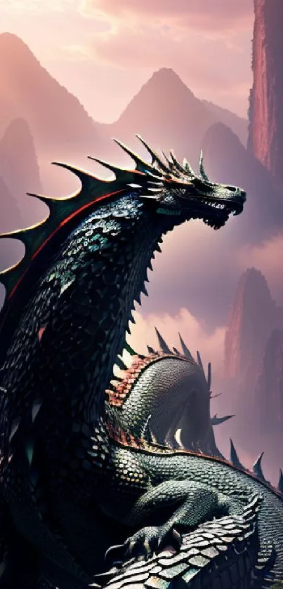 Majestic dragon amidst purple mountains in fantasy scene.