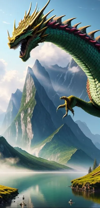 A majestic dragon flies over tranquil mountains in a fantasy landscape.