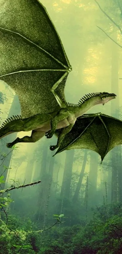 Dragon soaring over a mystical, green forest background.