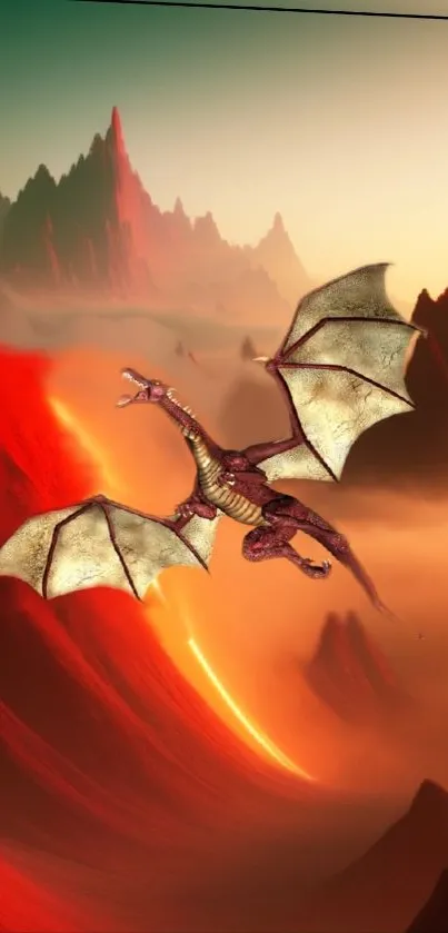 Flying dragon over red mountains with vibrant colors.