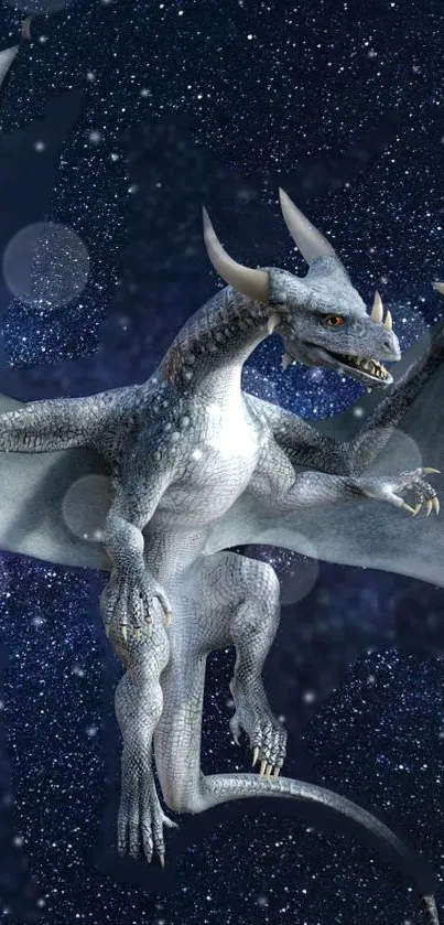Majestic dragon flying through a starry night sky on a mobile wallpaper.