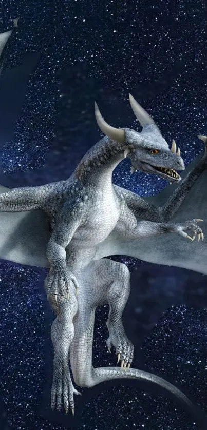 Majestic dragon flying across a starry night sky.