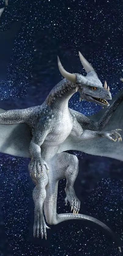 Majestic dragon soaring in a starry night sky wallpaper.