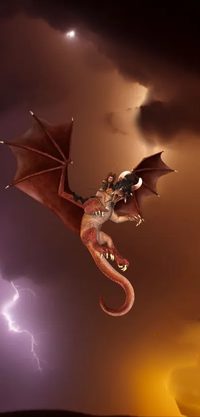 Majestic dragon flying amidst a stormy sky with vibrant lightning.