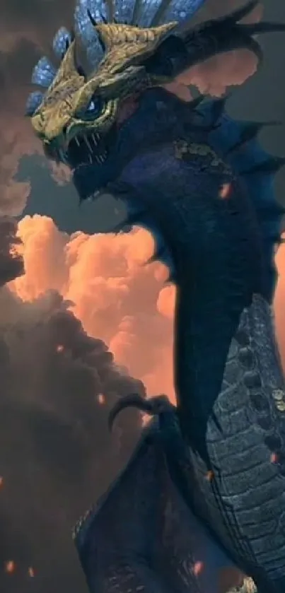 Majestic blue dragon with stormy clouds background.