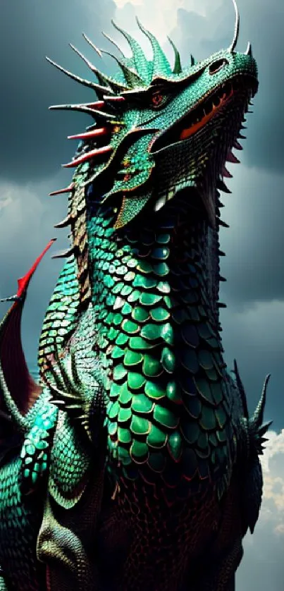 Majestic green dragon under a dark stormy sky wallpaper.