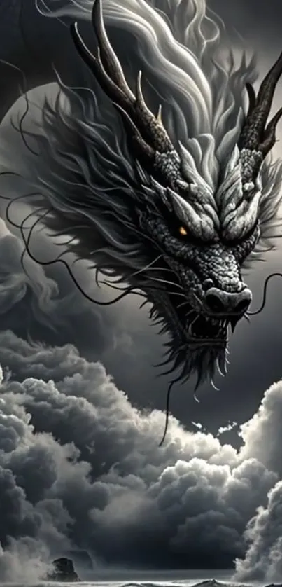 Majestic dragon soaring through stormy clouds.