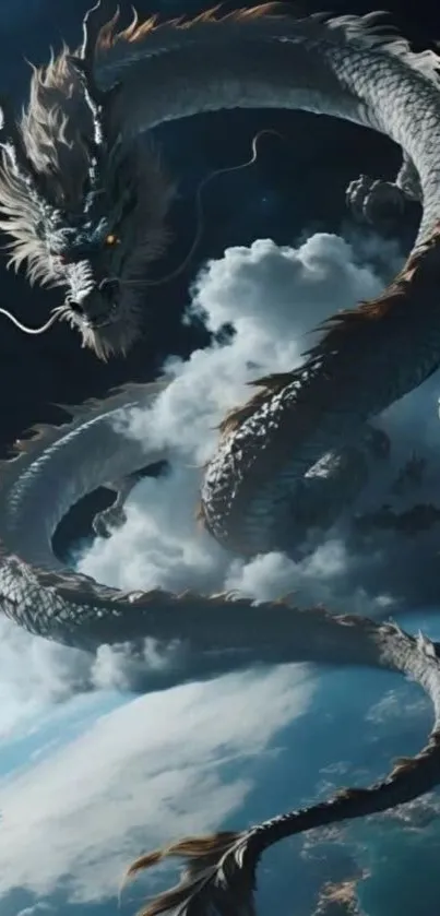 Majestic dragon flying among clouds in the sky.
