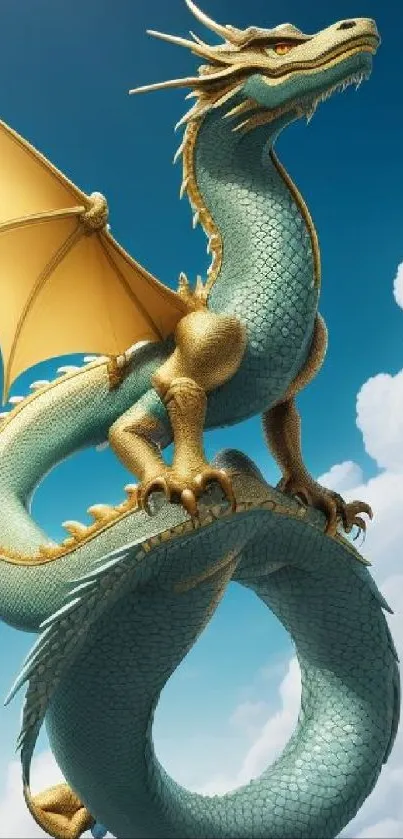 Majestic dragon soaring through blue sky clouds.