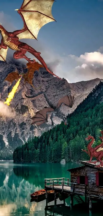 Dragon flying over mountain lake with cabin