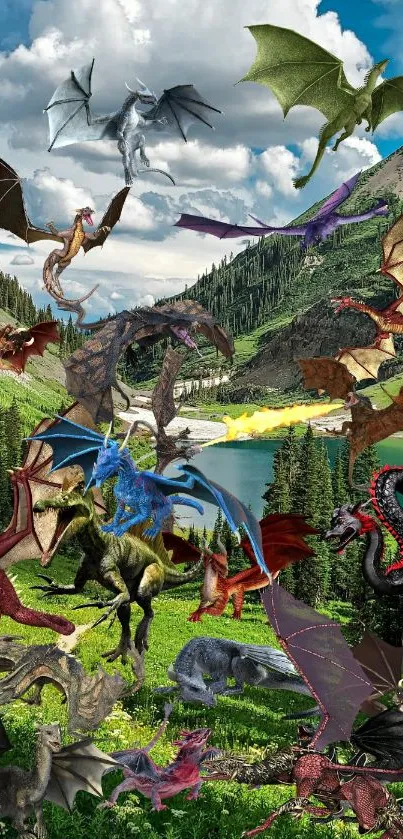 Vibrant wallpaper of dragons in a picturesque mountain landscape.