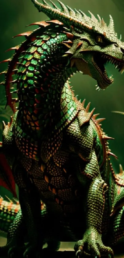 Majestic green dragon with vibrant scales in a fantasy setting.