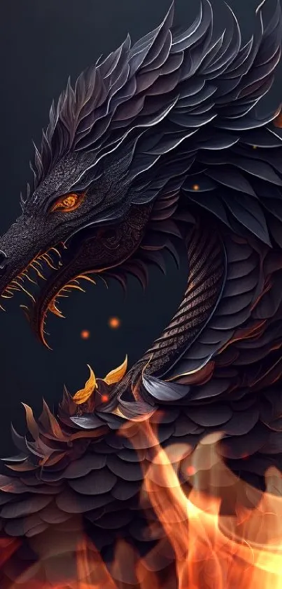 Intricate dark dragon with fiery details on a wallpaper.
