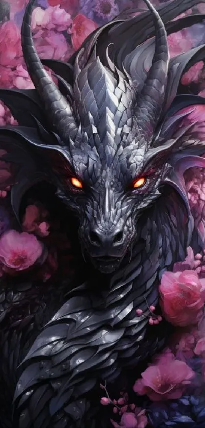 Elegant dragon with glowing eyes among pink flowers.