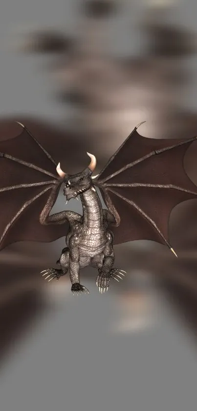 A dark brown dragon with wings sits majestically against a blurred background.