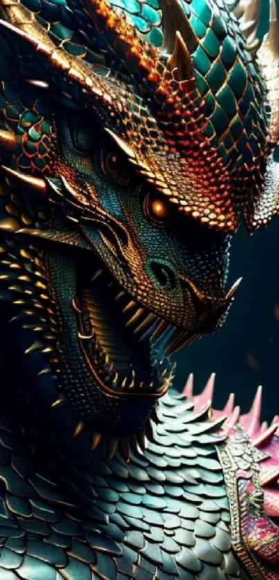 Majestic dragon with vibrant scales in fantasy art for mobile wallpaper.