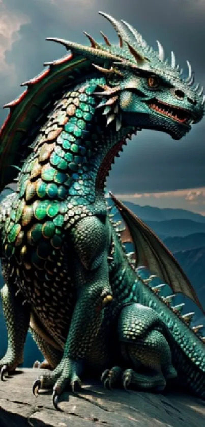 Majestic dragon perched on a mountain with a dramatic sky backdrop.