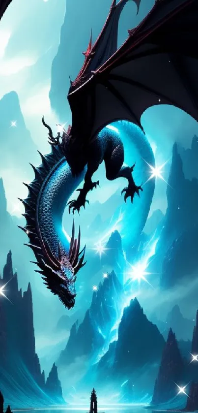 Majestic dragon flying over blue and teal mystical mountains.