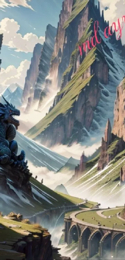 Fantasy mountain scene with dragon and bridge.