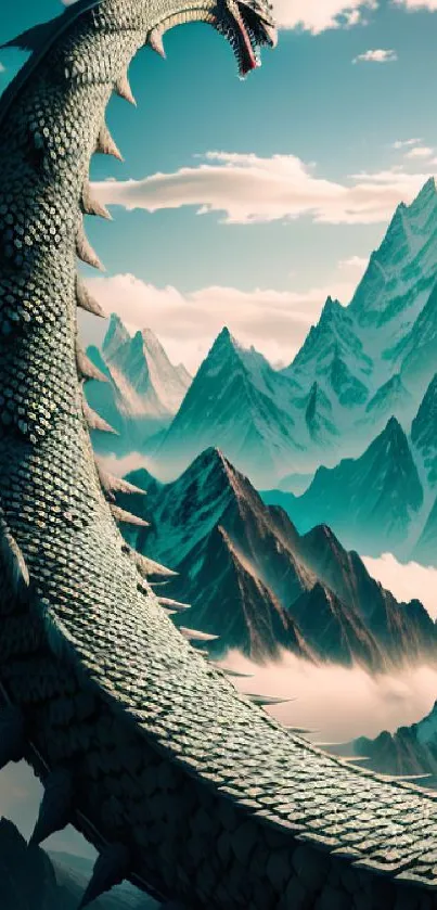 Majestic dragon curling through snowy mountains under a serene sky.