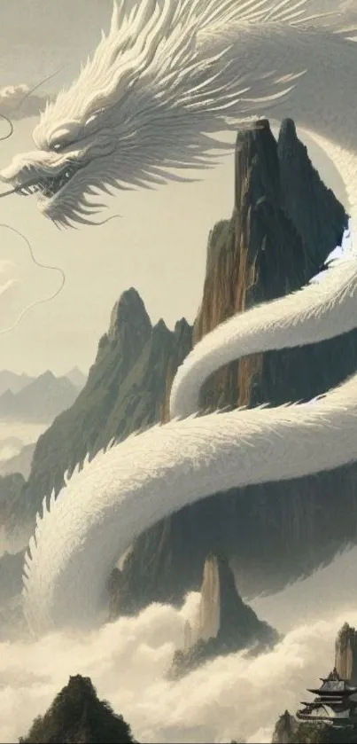 White dragon flying over misty mountains in beautiful digital artwork.